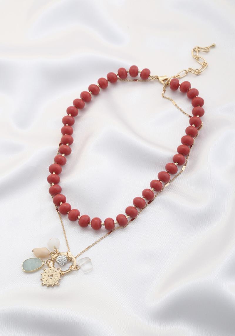 OVAL STONE CHARM BEADED LAYERED NECKLACE