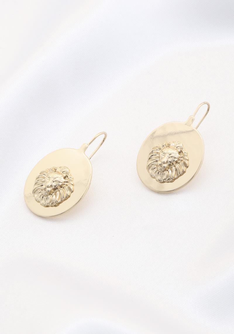 LION HEAD OVAL DISC METAL EARRING