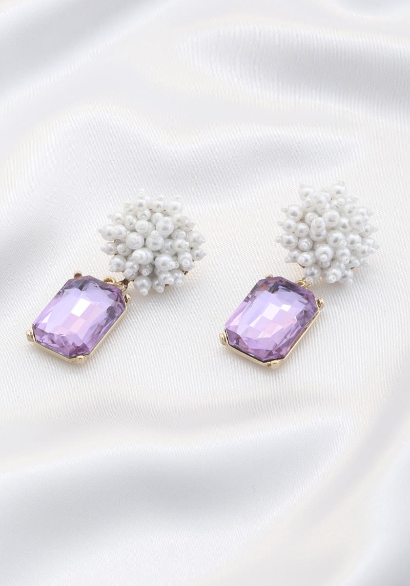 SQUARE CRYSTAL PEARL CLUSTER DANGLE EARRING
