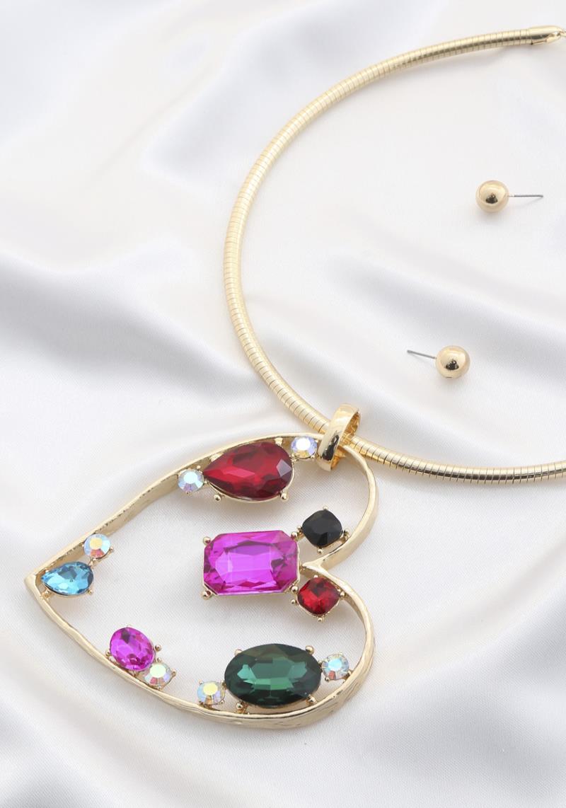 CRYSTAL HEART CHUNKY METAL NECKLACE
