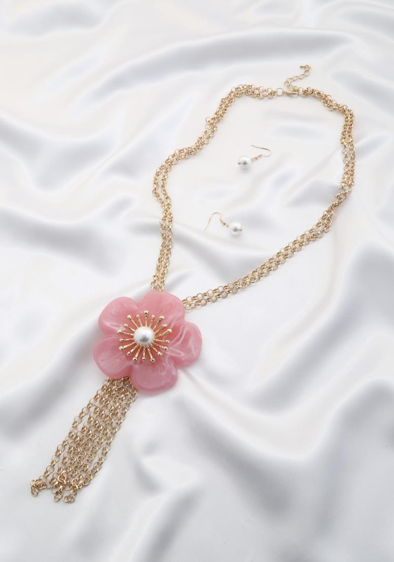 RESIN FLOWER CHAIN TASSEL LAYERED NECKLACE