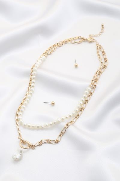 PEARL BEAD TOGGLE CLASP METAL LAYERED NECKLACE