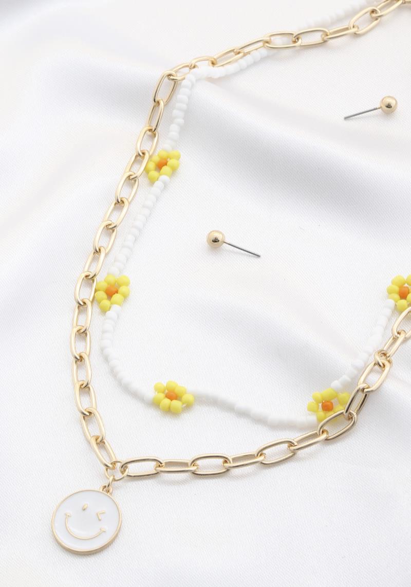 HAPPY FACE CHARM SEED BEAD OVAL LINK LAYERED NECKLACE