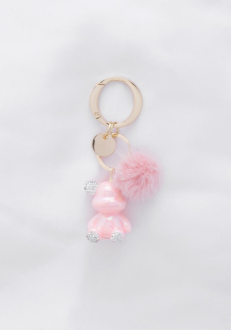 RHINESTONE METAL HEART FUR POM POM KEY CHAIN