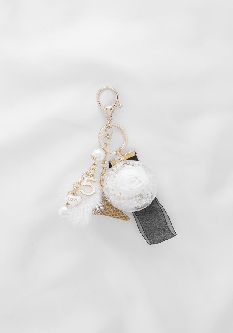 ROSE CLEAR BALL FURRY ICE CREAM METAL HEART 5 KEY CHAIN