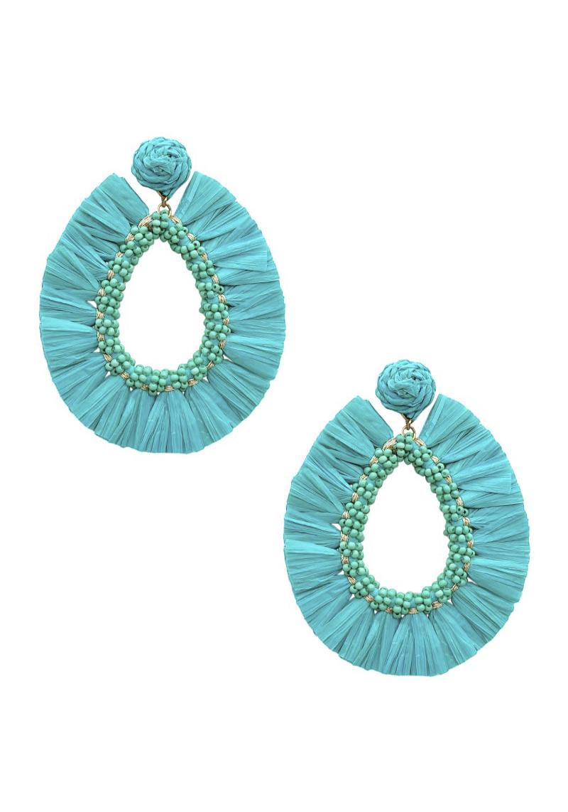 SEED BEAD TEARDROP RAFFIA TASSEL DANGLE EARRING