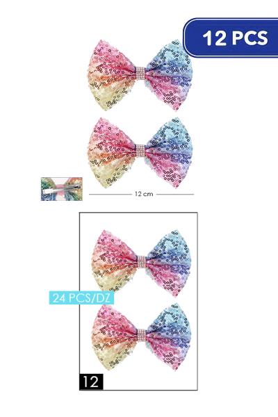 FASHION SEQUIN RIBBON HAIR BOW 2 PC SET (12 UNITS)