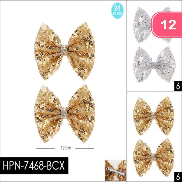 FASHION SEQUIN RIBBON HAIR BOW 2 PC SET (12 UNITS)