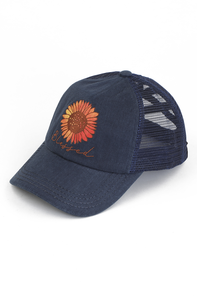 DAISY PATCH WITH BLESSED EMBROIDERY CRISS-CROSS PONY CAP