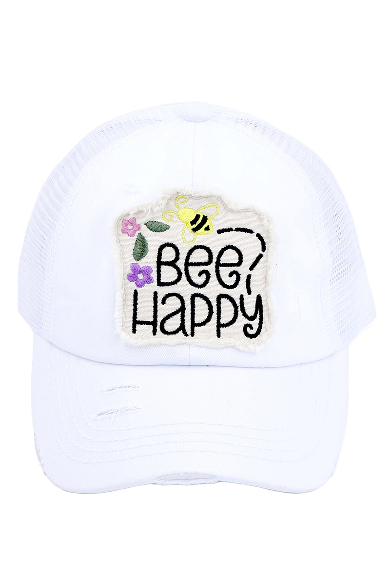 DISTRESSED EMBROIDERED BEE HAPPY PATCH PONY CAP