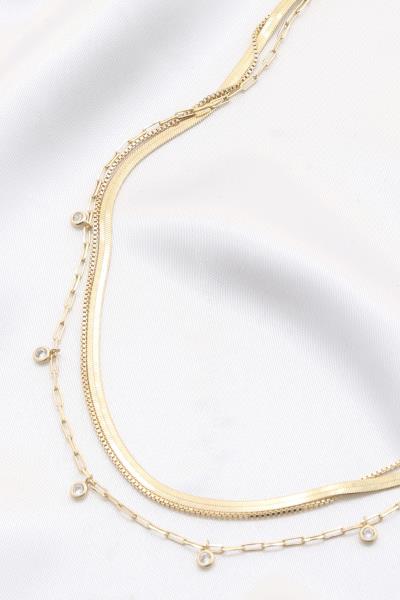 CRYSTAL FLAT SNAKE CHAIN LAYERED NECKLACE