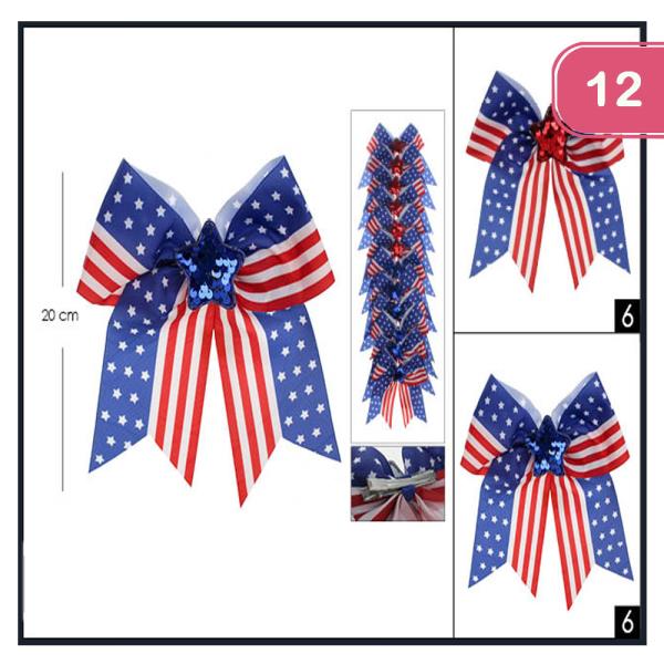 SEQUIN STAR AMERICANA 4TH OF JULY CHEER BOW (12 UNITS)