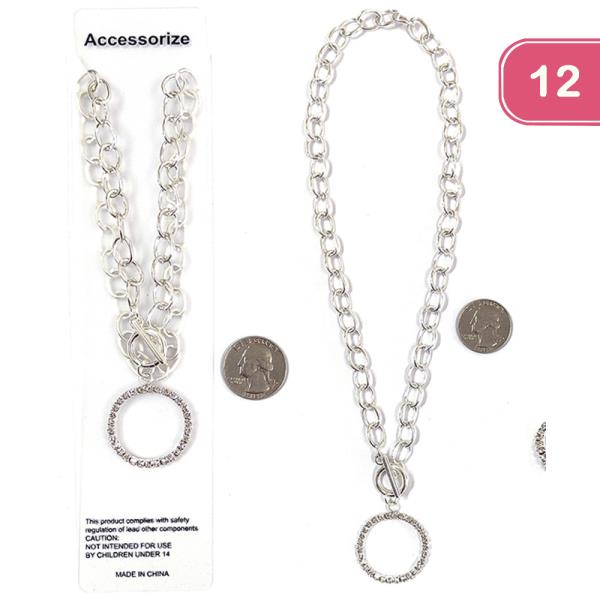 RHINESTONE OPEN CIRCLE CHAIN NECKLACE 12 UNITS