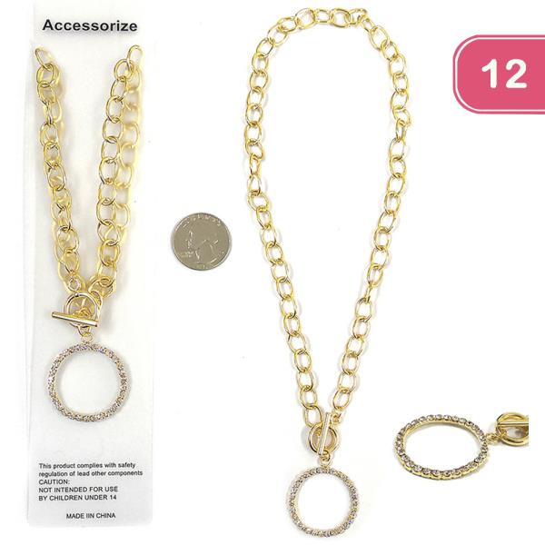 RHINESTONE OPEN CIRCLE CHAIN NECKLACE 12 UNITS