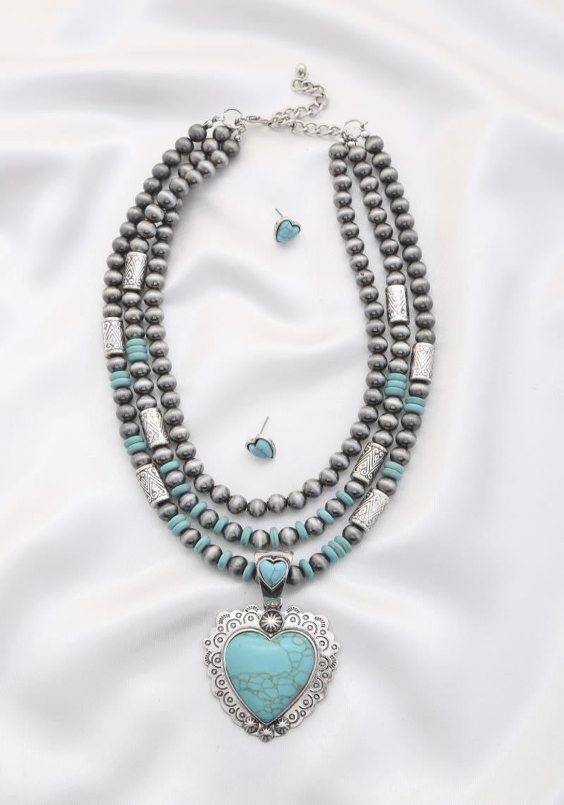 RODEO WESTERN HEART PENDANT NEADED LAYERED NECKLACE