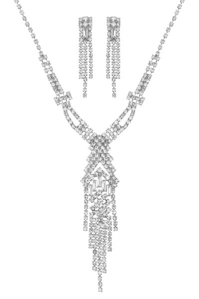 RHINESTONE V TASSEL NECKLACE EARRING SET