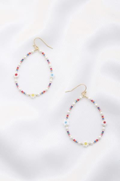 FLOWER BEADED TEARDROP DANGLE EARRING