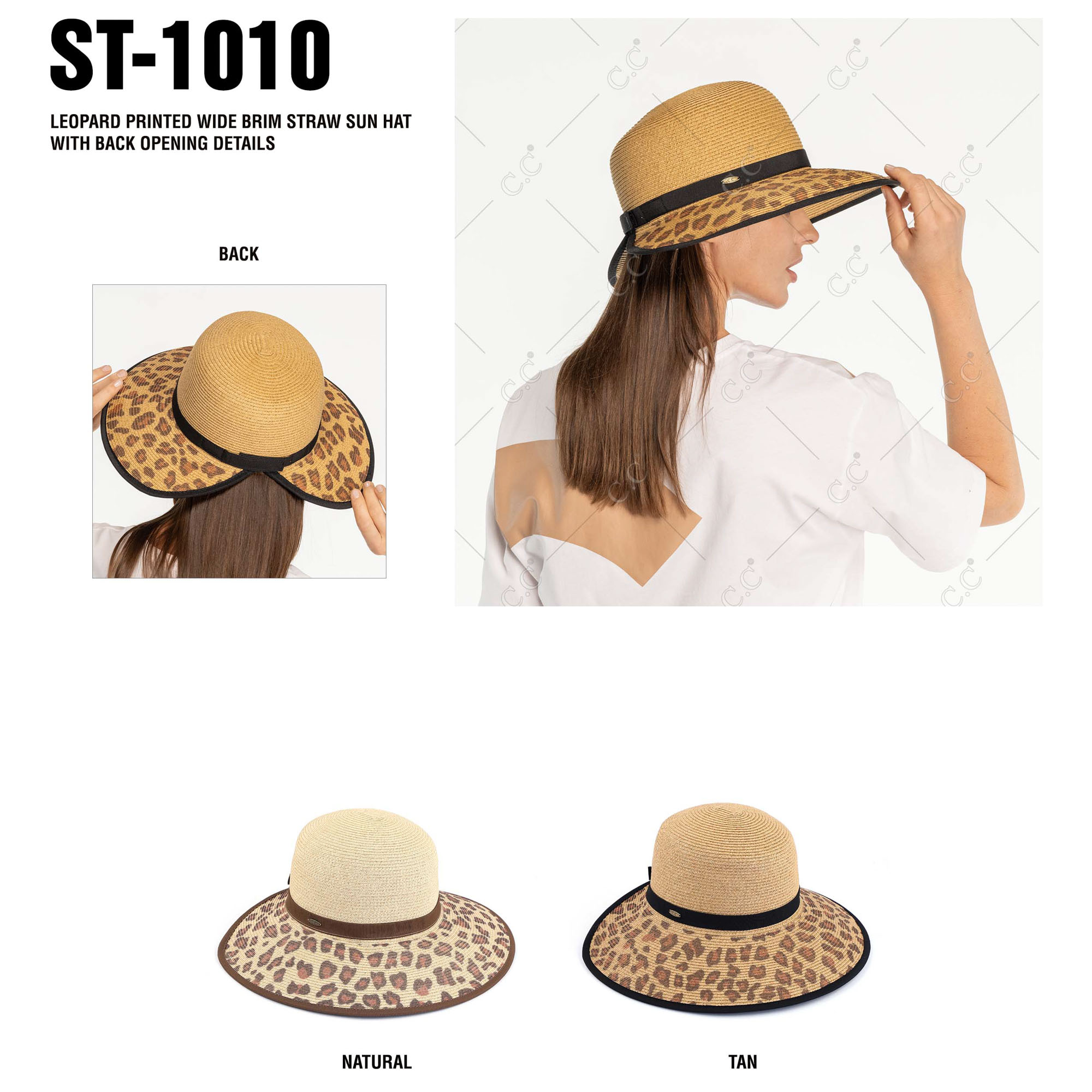 LEOPARD PRINTED WIDE BRIM STRAW SUN HAT WITH BACK OPENING DETAILS