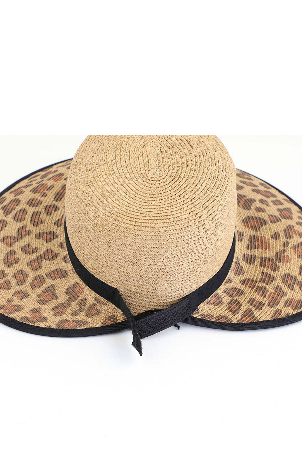 LEOPARD PRINTED WIDE BRIM STRAW SUN HAT WITH BACK OPENING DETAILS