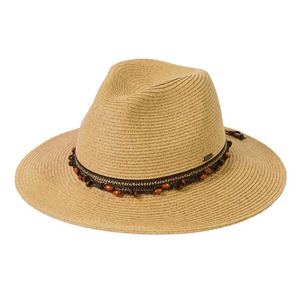 CC PANAMA STRAW SUN HAT WITH SCATTER NATURAL WOODEN BEADED TRIM BAND HAT