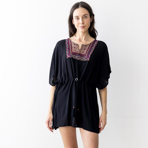 EMBROIDERED COTTON PONCHO W/ DRAWSTRING