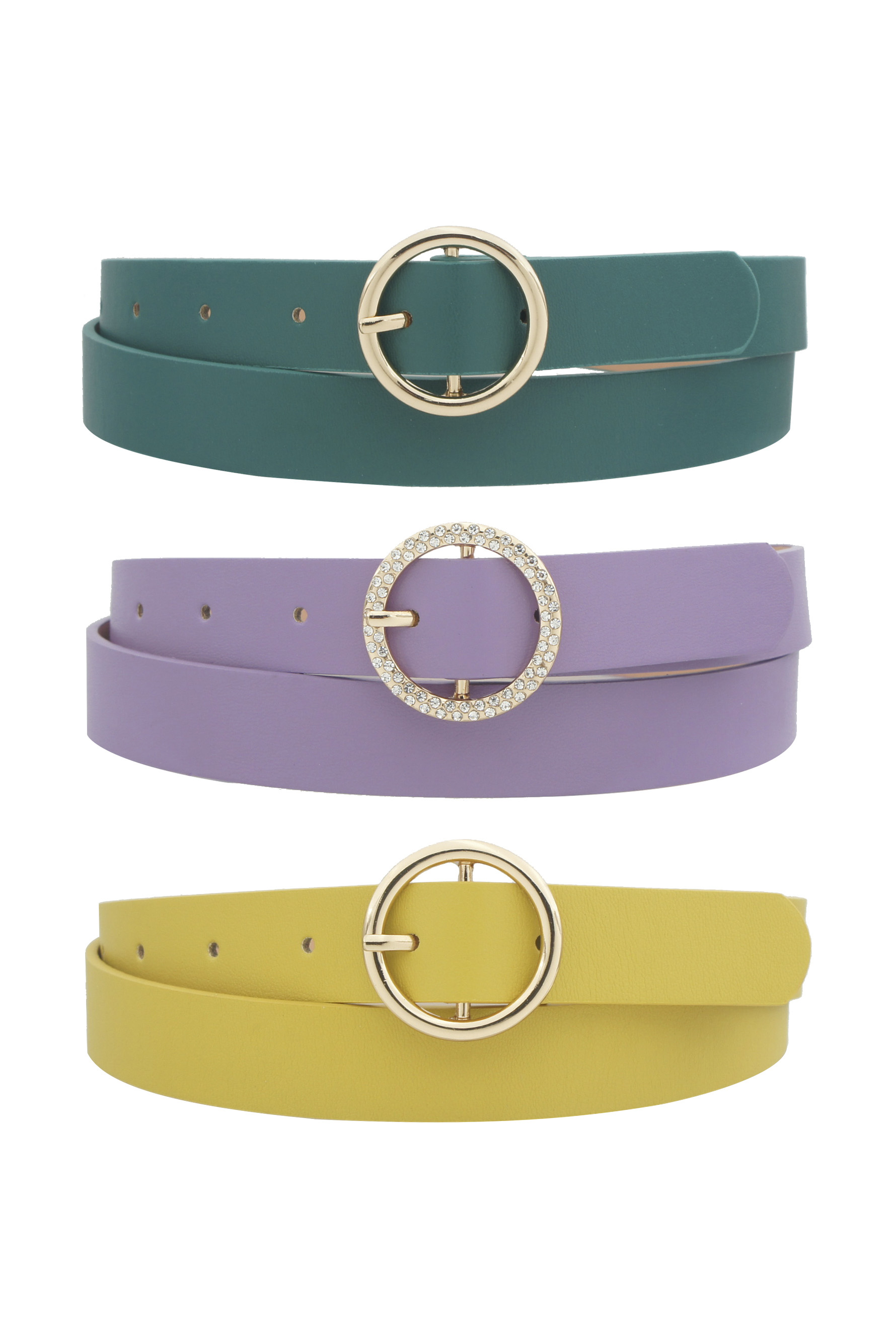 2 METAL RHINESTONE CIRCLE BUCKLE TRIO BELT