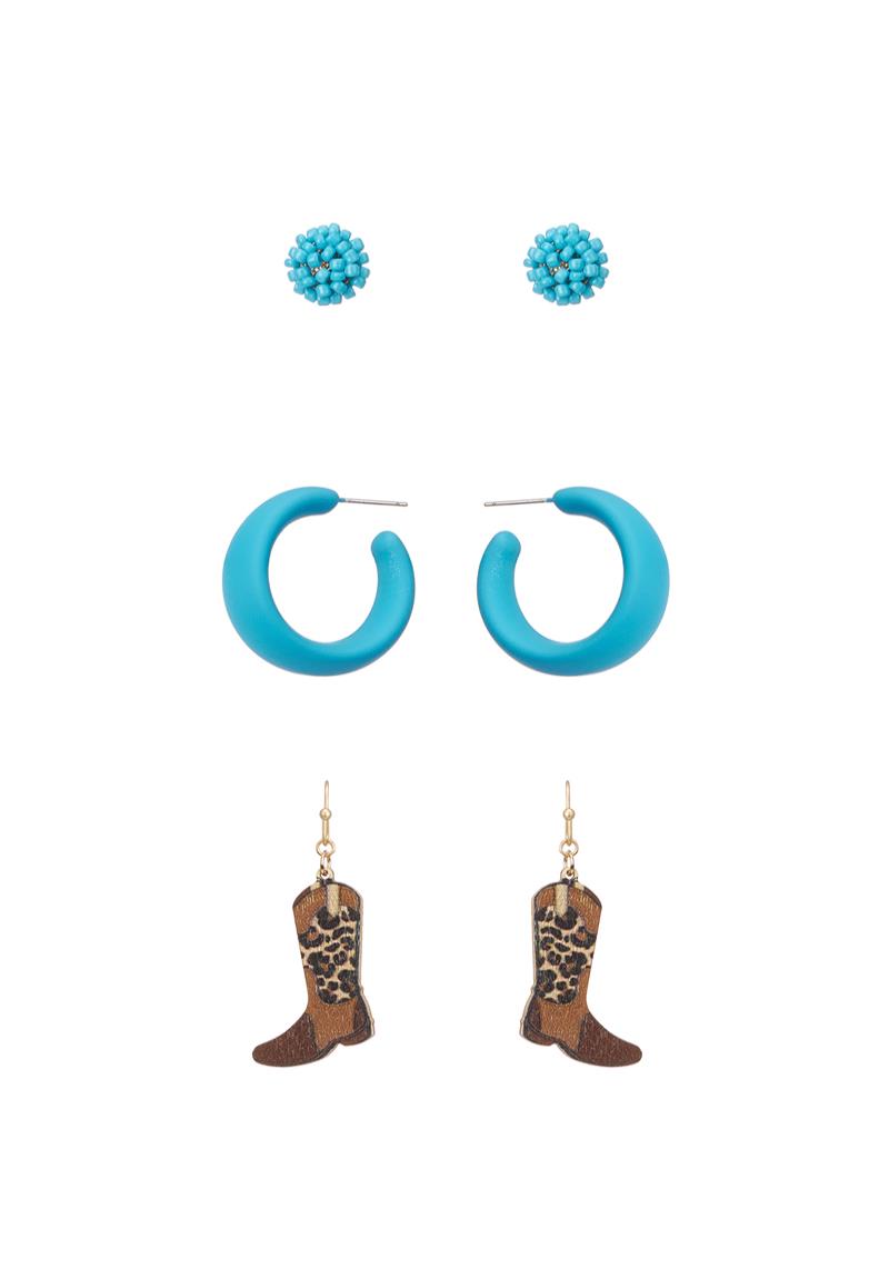 SMOOTH BEAD OPEN CIRCLE COWBOY BOOTS EARRING SET