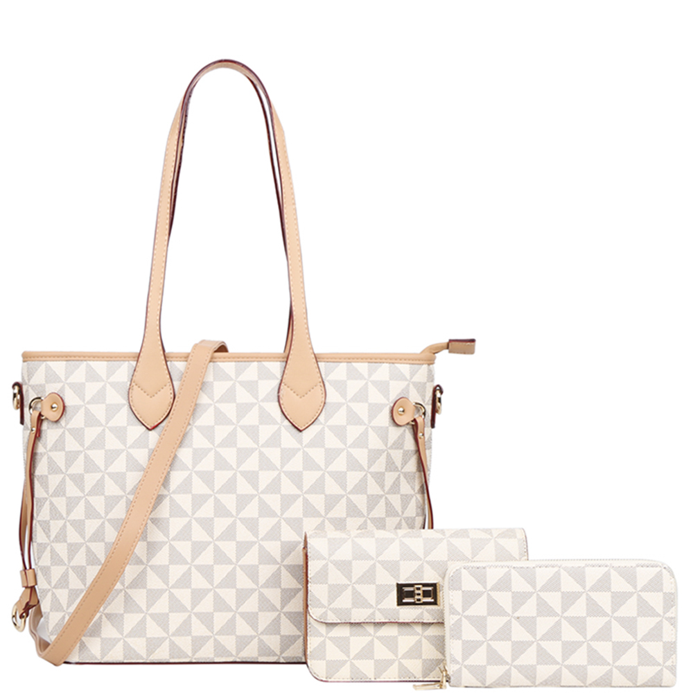 3IN1 TRIANGLE MONOGRAM TOTE BAG WITH CROSSBODY AND WALLET SET