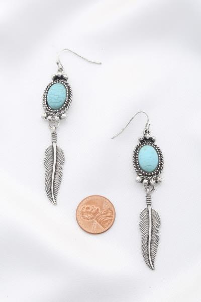 RODEO WESTERN OVAL BEAD FEATHER DANGLE EARRING