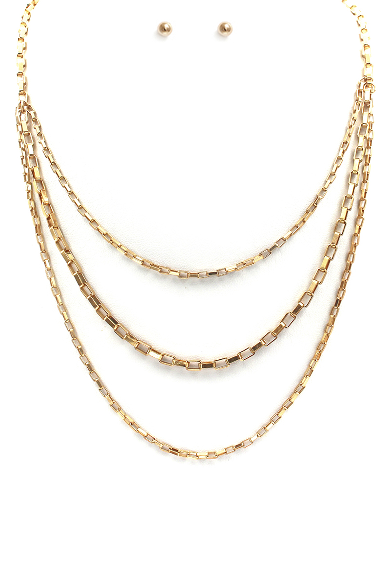 3 LAYERED METAL CHAIN NECKLACE EARRING SET