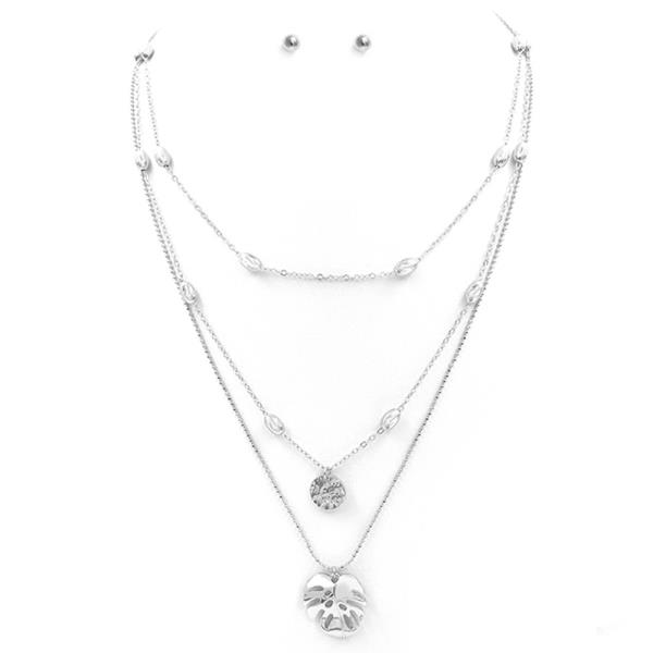 3 LAYERED METAL CHAIN PENDANT NECKLACE EARRING SET