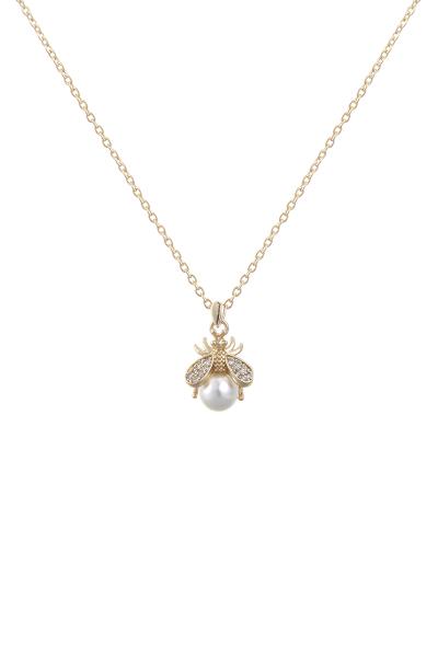 CUBIC ZIRCONIA PEARL CUTE BEE PENDANT NECKLACE