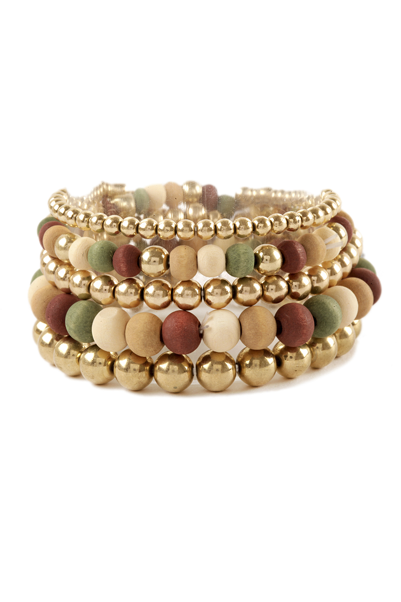 WOOD METAL BALL BEAD STRETCH BRACELET SET