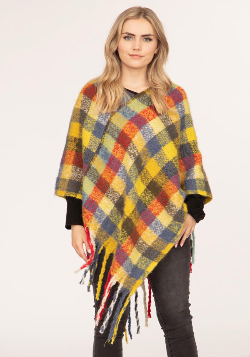 COLOR BLOCK PLAID PONCHO