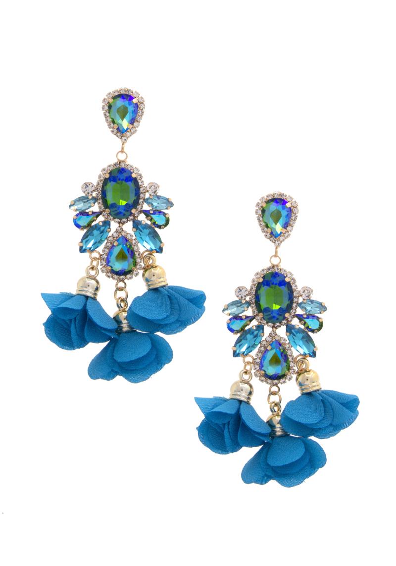 OVAL CRYSTAL FLOWER TASSEL DANGLE EARRING