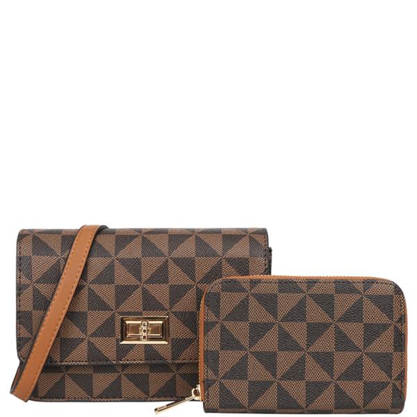 2IN1 MONOGRAM SHAPE PATTERN CROSSBODY BAG WITH WALLET SET