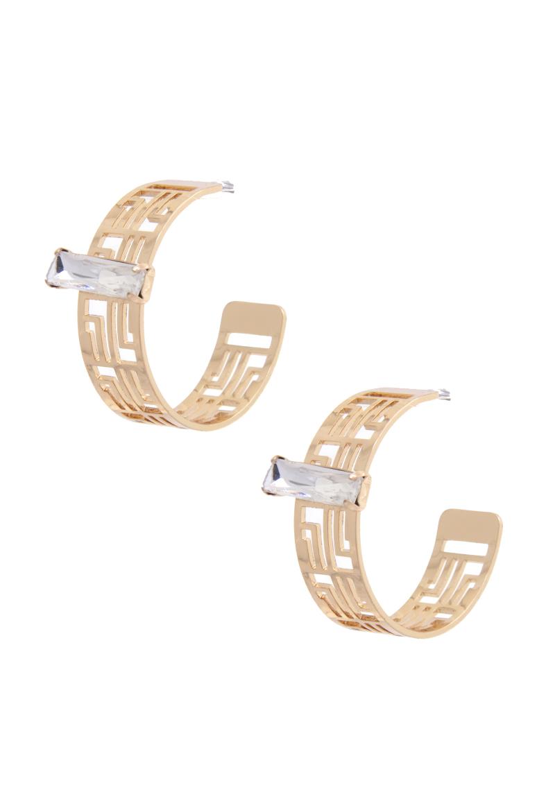 GREEK PATTERN CRYSTAL BAR OPEN HOOP EARRING