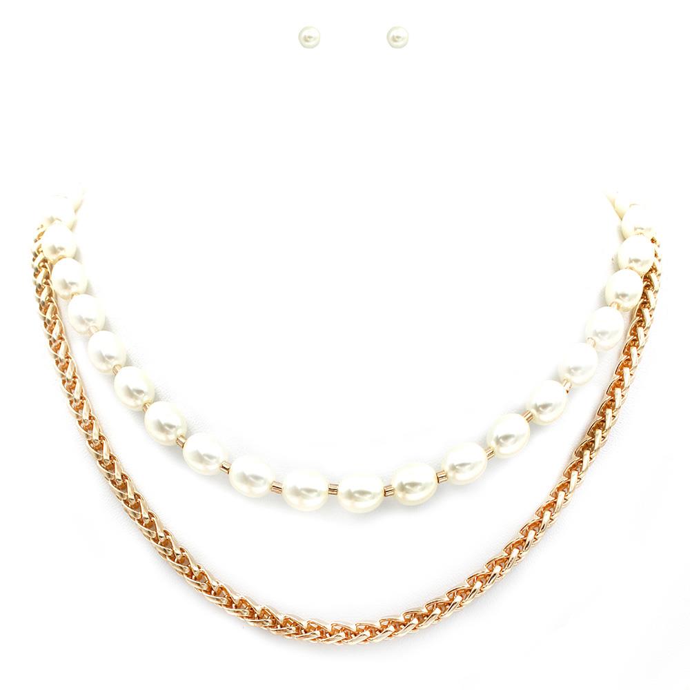 2 LAYERED METAL PEARL NECKLACE EARRING SET
