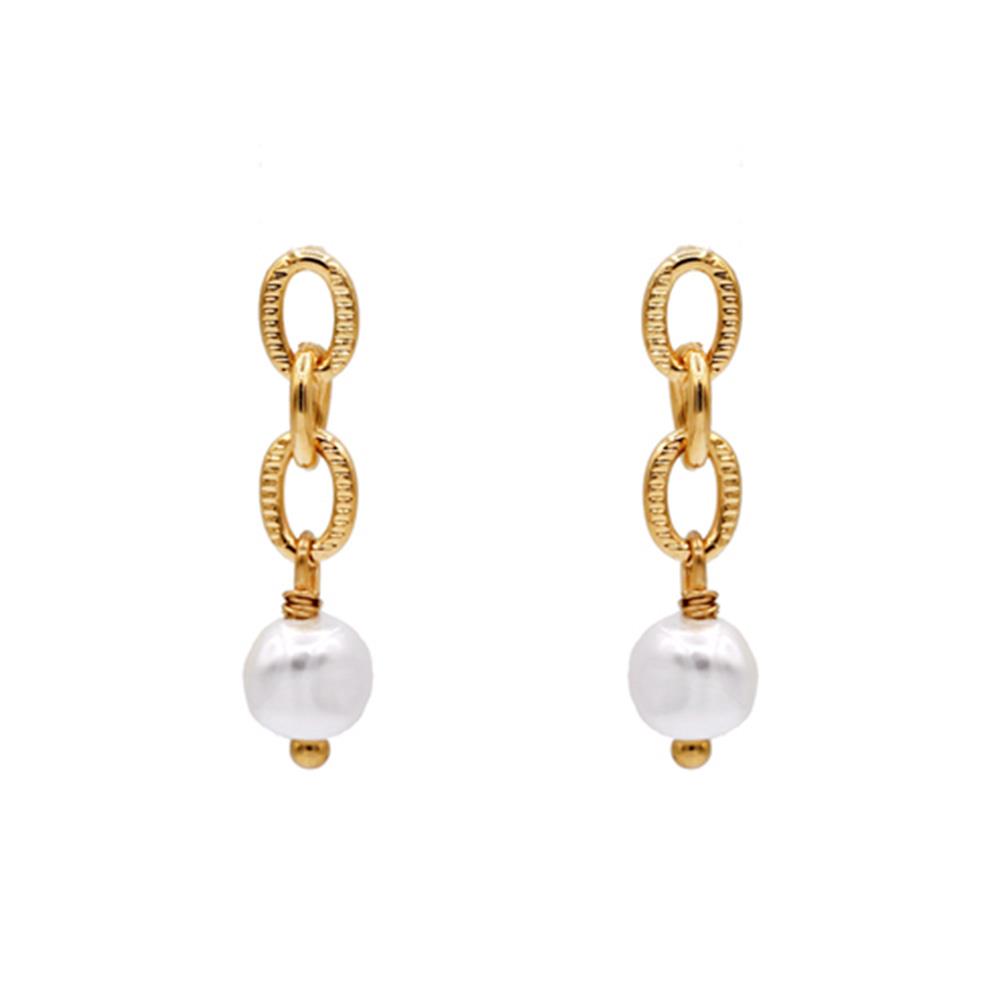 OVAL LINK PEARL BEAD 14K GOLD DIPPED EARRING