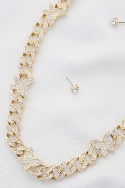 RHINESTONE CURB LINK CHAIN WITH BUTTERFLY CHAIN NECKLACE