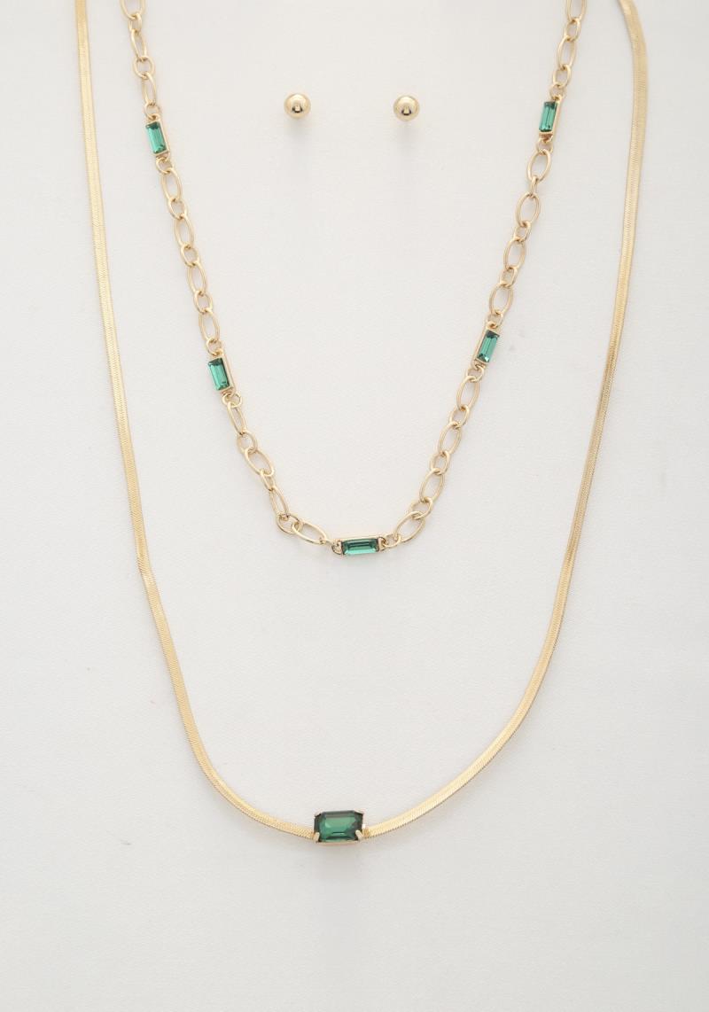RECTANGLE CRYSTAL FLAT SNAKE CHAIN LAYERED NECKLACE