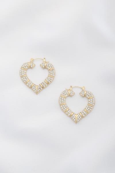 RHINESTONE BAMBOO SHAPE HEART HOOP EARRING