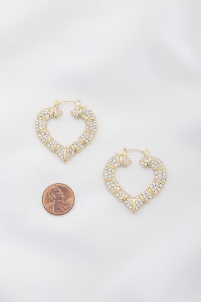 RHINESTONE BAMBOO SHAPE HEART HOOP EARRING