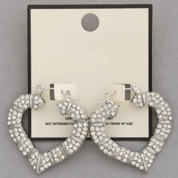 RHINESTONE BAMBOO SHAPE HEART HOOP EARRING