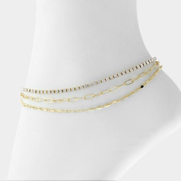 RHINESTONE VARIOUS CHAIN 3 PC ANKLET