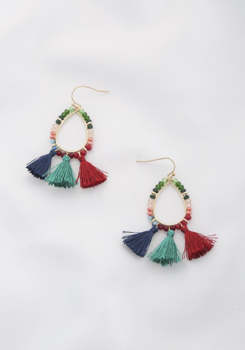 TEARDROP BEADED TASSEL DANGLE EARRING