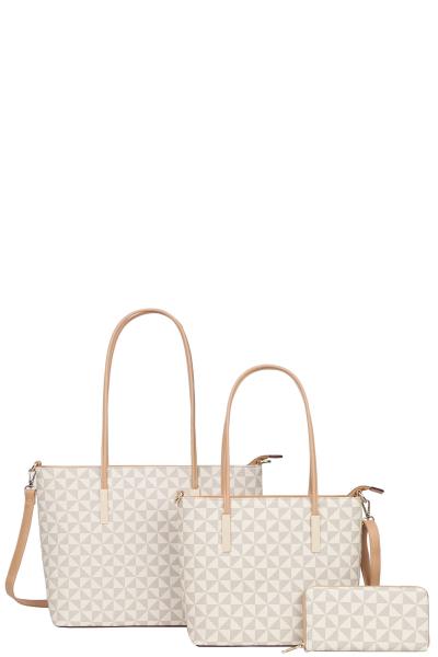 3IN1 MONOGRAM PRINT TOTE BAG WITH MATCHING BAG AND WALLET SET