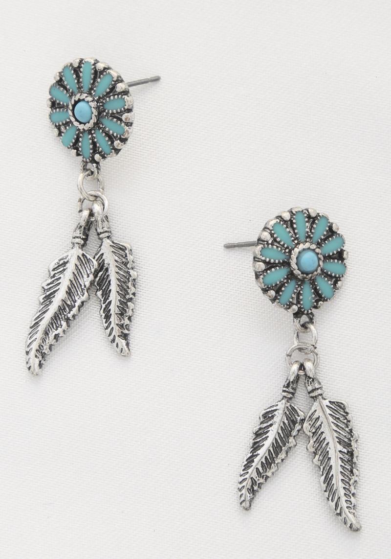 RODEO WESTERN CONCHO FEATHER CHARM DANGLE EARRING