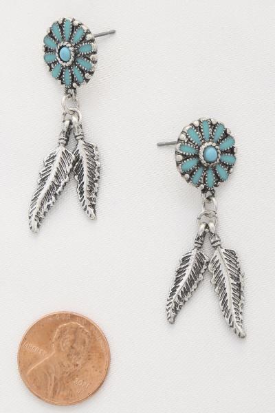 RODEO WESTERN CONCHO FEATHER CHARM DANGLE EARRING