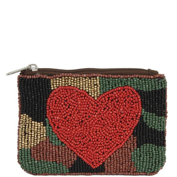 HEART CAMO SEED BEAD ZIPPER BAG